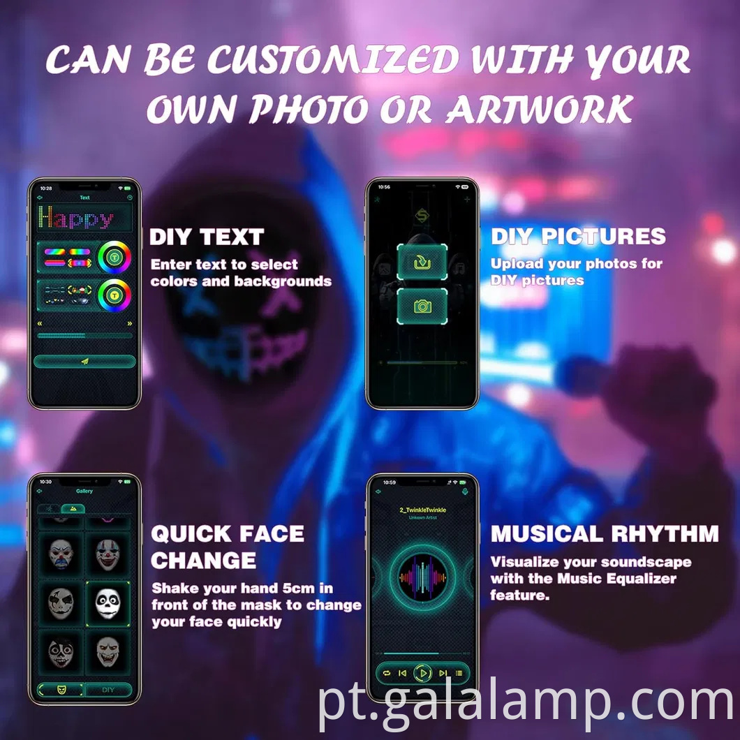 Máscara de LED compatível com Bluetooth personalizável com controle de aplicativo recarregável